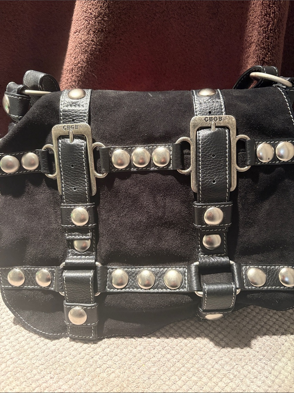 Black Studded Suede Shoulder Bag with Buckle Accents